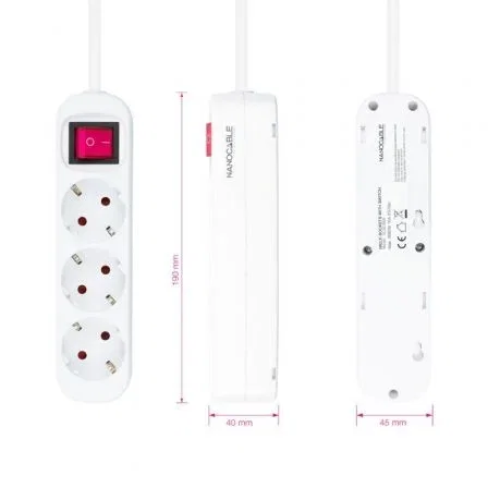 Nanocable Regleta de 3 Tomas con Interruptor, 1,4 m, Blanca